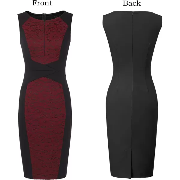 VFSHOW Womens Front Zipper Slim Work Business Office Bodycon Sheath Pencil DressBlackdark Red Lace