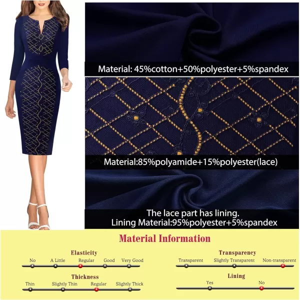 VFSHOW Womens Front Zipper Slim Work Business Office Bodycon Sheath Pencil DressDark Blue  Contrast Floral Lace