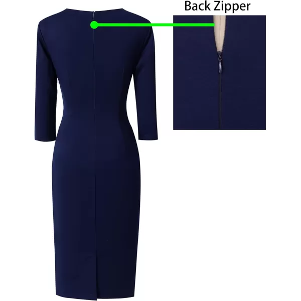 VFSHOW Womens Front Zipper Slim Work Business Office Bodycon Sheath Pencil DressDark Blue  Contrast Floral Lace