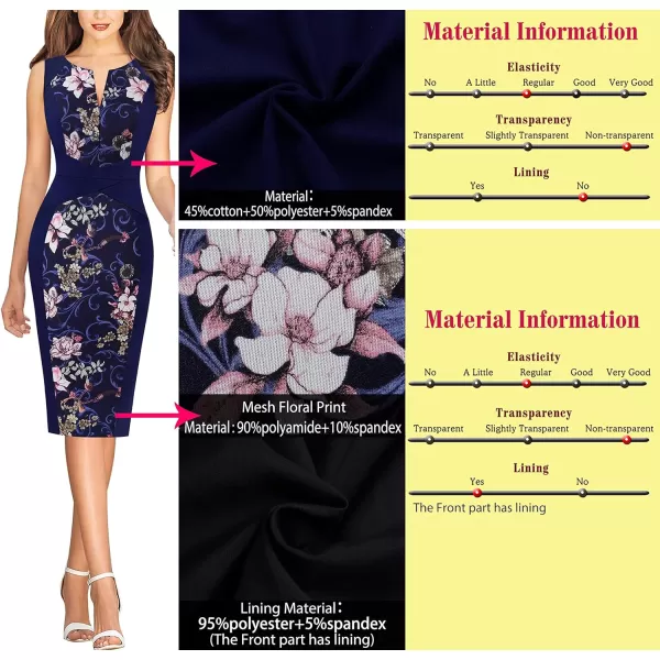 VFSHOW Womens Front Zipper Slim Work Business Office Bodycon Sheath Pencil DressNavy Blue and Floral Print3