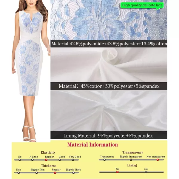 VFSHOW Womens Front Zipper Slim Work Business Office Bodycon Sheath Pencil DressOff White and Blue Floral Lace