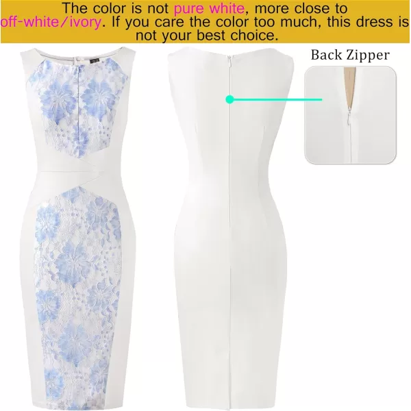 VFSHOW Womens Front Zipper Slim Work Business Office Bodycon Sheath Pencil DressOff White and Blue Floral Lace