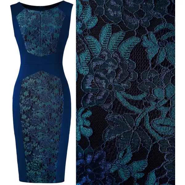 VFSHOW Womens Front Zipper Slim Work Business Office Bodycon Sheath Pencil DressPeacock Blue and Floral Lace