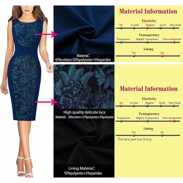 VFSHOW Womens Front Zipper Slim Work Business Office Bodycon Sheath Pencil DressPeacock Blue and Floral Lace