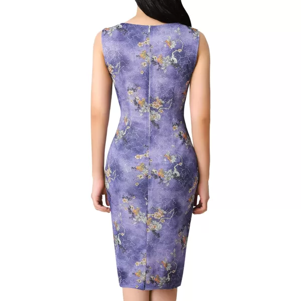 VFSHOW Womens Front Zipper Slim Work Business Office Bodycon Sheath Pencil DressShiny Purple and Floral Print