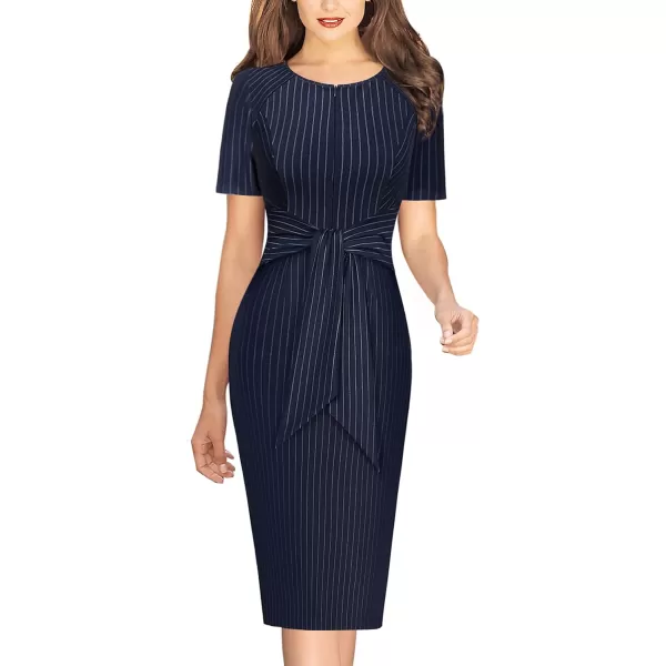 VFSHOW Womens Front Zipper Tie Waist Slim Work Business Office Bodycon Pencil DressNavy Blue and White Striped2