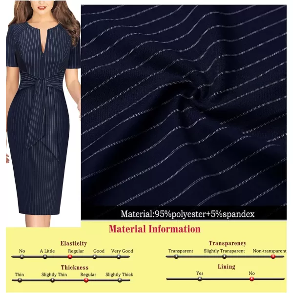 VFSHOW Womens Front Zipper Tie Waist Slim Work Business Office Bodycon Pencil DressNavy Blue and White Striped2