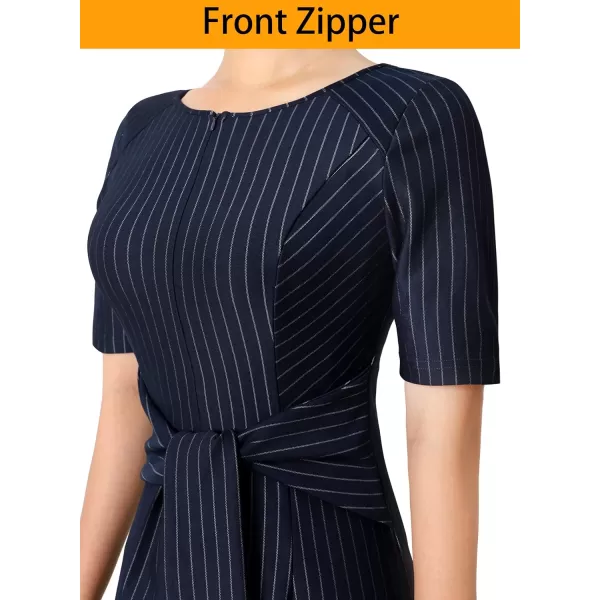 VFSHOW Womens Front Zipper Tie Waist Slim Work Business Office Bodycon Pencil DressNavy Blue and White Striped2