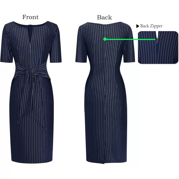 VFSHOW Womens Front Zipper Tie Waist Slim Work Business Office Bodycon Pencil DressNavy Blue and White Striped2