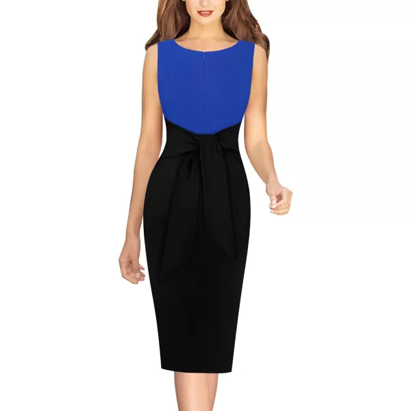 VFSHOW Womens Front Zipper Tie Waist Slim Work Business Office Bodycon Pencil DressRoyal Blue and Black