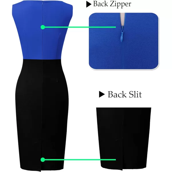 VFSHOW Womens Front Zipper Tie Waist Slim Work Business Office Bodycon Pencil DressRoyal Blue and Black