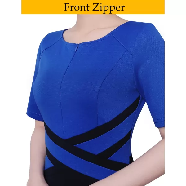 VFSHOW Womens Front Zipper Tie Waist Slim Work Business Office Bodycon Pencil DressRoyal Blue and Black