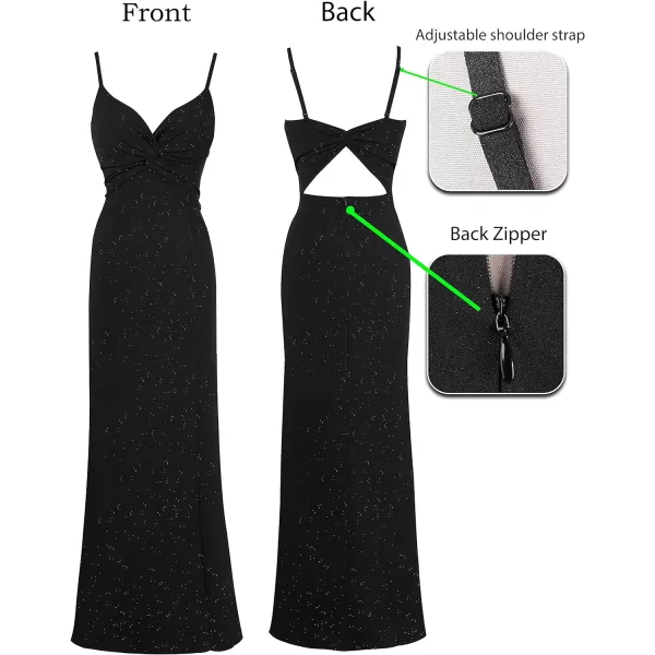 VFSHOW Womens Glitter Spaghetti Strap Twist V Neck Backless Zipper High Split Formal Evening Gown Prom Maxi DressSparkly Black