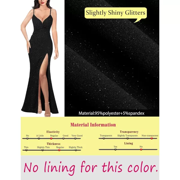 VFSHOW Womens Glitter Spaghetti Strap Twist V Neck Backless Zipper High Split Formal Evening Gown Prom Maxi DressSparkly Black