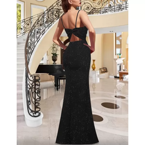 VFSHOW Womens Glitter Spaghetti Strap Twist V Neck Backless Zipper High Split Formal Evening Gown Prom Maxi DressSparkly Black