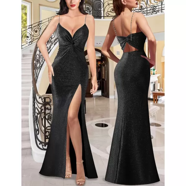 VFSHOW Womens Glitter Spaghetti Strap Twist V Neck Backless Zipper High Split Formal Evening Gown Prom Maxi DressSparkly Black2