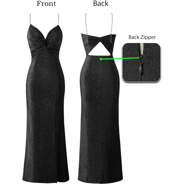 VFSHOW Womens Glitter Spaghetti Strap Twist V Neck Backless Zipper High Split Formal Evening Gown Prom Maxi DressSparkly Black2