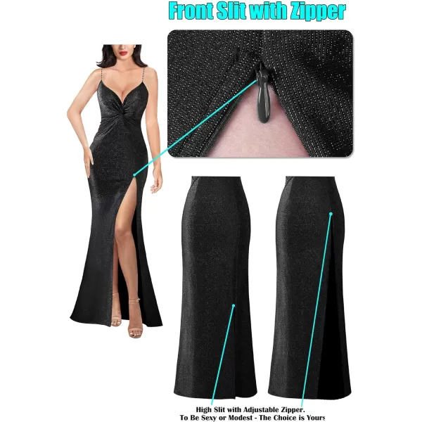 VFSHOW Womens Glitter Spaghetti Strap Twist V Neck Backless Zipper High Split Formal Evening Gown Prom Maxi DressSparkly Black2