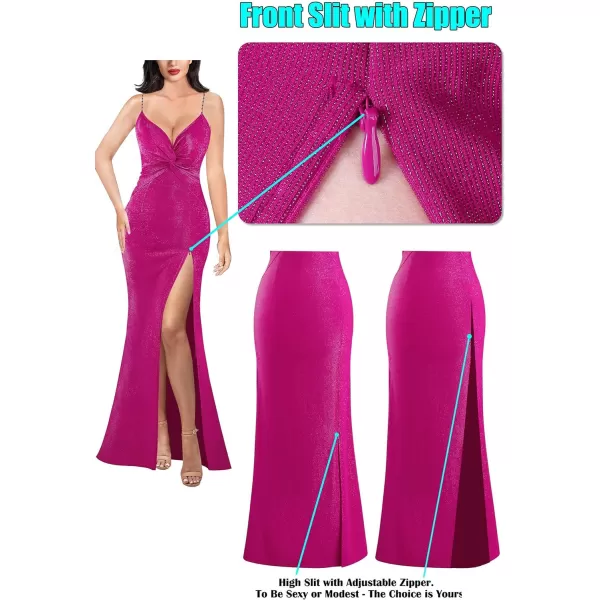 VFSHOW Womens Glitter Spaghetti Strap Twist V Neck Backless Zipper High Split Formal Evening Gown Prom Maxi DressSparkly Hot Pink