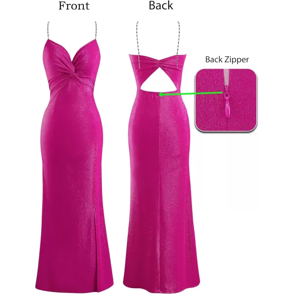 VFSHOW Womens Glitter Spaghetti Strap Twist V Neck Backless Zipper High Split Formal Evening Gown Prom Maxi DressSparkly Hot Pink