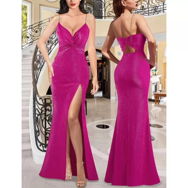 VFSHOW Womens Glitter Spaghetti Strap Twist V Neck Backless Zipper High Split Formal Evening Gown Prom Maxi DressSparkly Hot Pink