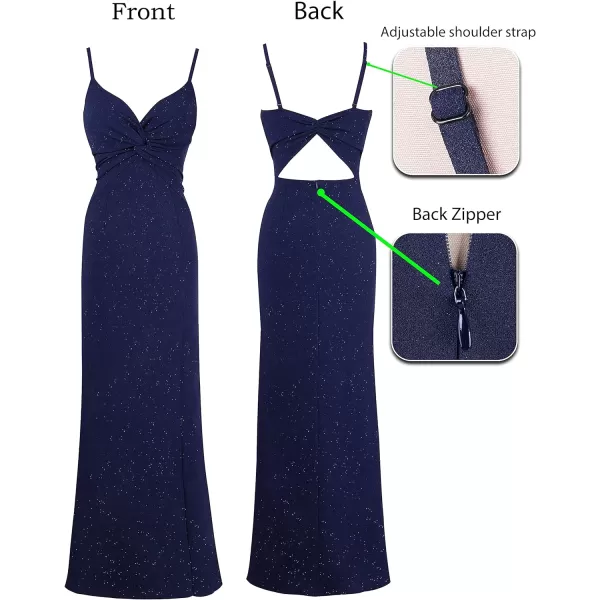 VFSHOW Womens Glitter Spaghetti Strap Twist V Neck Backless Zipper High Split Formal Evening Gown Prom Maxi DressSparkly Navy Blue