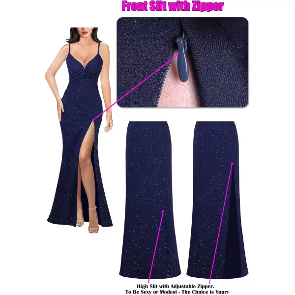 VFSHOW Womens Glitter Spaghetti Strap Twist V Neck Backless Zipper High Split Formal Evening Gown Prom Maxi DressSparkly Navy Blue