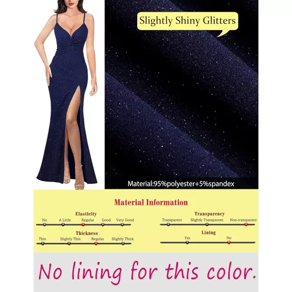 VFSHOW Womens Glitter Spaghetti Strap Twist V Neck Backless Zipper High Split Formal Evening Gown Prom Maxi DressSparkly Navy Blue