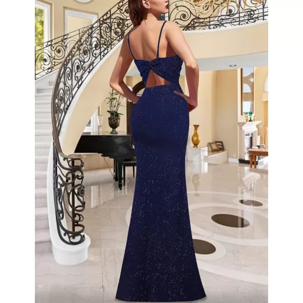 VFSHOW Womens Glitter Spaghetti Strap Twist V Neck Backless Zipper High Split Formal Evening Gown Prom Maxi DressSparkly Navy Blue