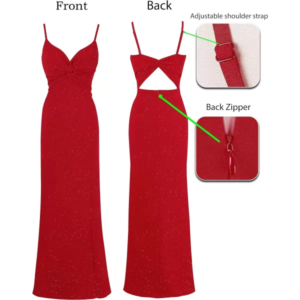 VFSHOW Womens Glitter Spaghetti Strap Twist V Neck Backless Zipper High Split Formal Evening Gown Prom Maxi DressSparkly Red