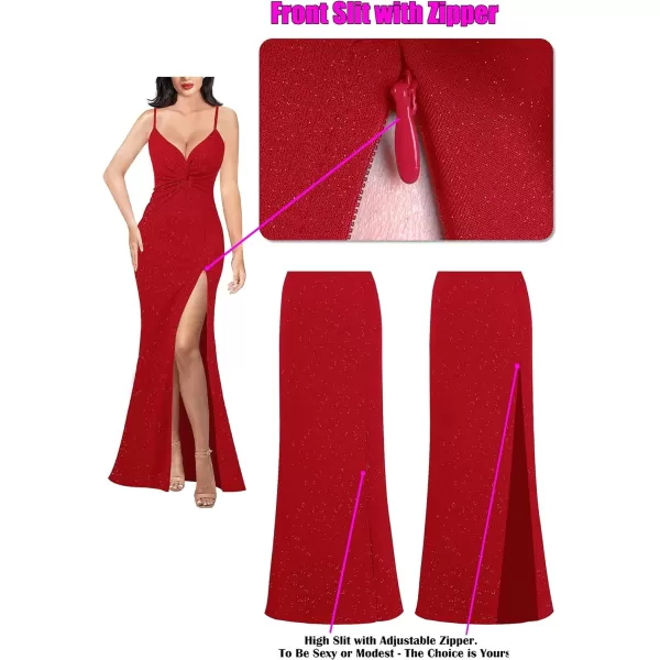 VFSHOW Womens Glitter Spaghetti Strap Twist V Neck Backless Zipper High Split Formal Evening Gown Prom Maxi DressSparkly Red