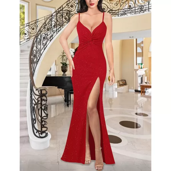 VFSHOW Womens Glitter Spaghetti Strap Twist V Neck Backless Zipper High Split Formal Evening Gown Prom Maxi DressSparkly Red