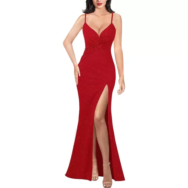 VFSHOW Womens Glitter Spaghetti Strap Twist V Neck Backless Zipper High Split Formal Evening Gown Prom Maxi DressSparkly Red