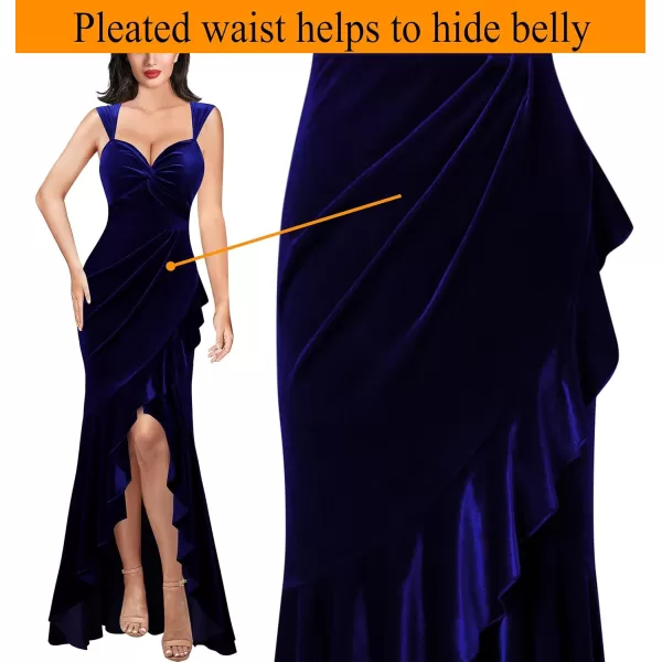 VFSHOW Womens Glitter Sweetheart V Neck Twist Front Backless Ruched Ruffle Slit Formal Evening Gown Maxi DressDark Blue Velvet