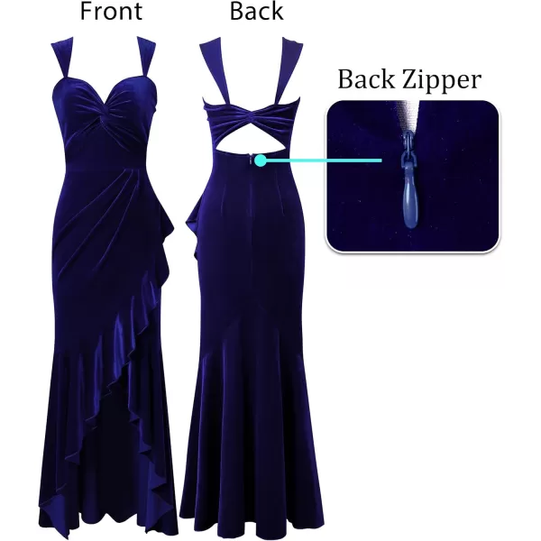 VFSHOW Womens Glitter Sweetheart V Neck Twist Front Backless Ruched Ruffle Slit Formal Evening Gown Maxi DressDark Blue Velvet