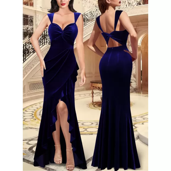 VFSHOW Womens Glitter Sweetheart V Neck Twist Front Backless Ruched Ruffle Slit Formal Evening Gown Maxi DressDark Blue Velvet