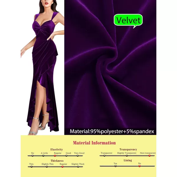 VFSHOW Womens Glitter Sweetheart V Neck Twist Front Backless Ruched Ruffle Slit Formal Evening Gown Maxi DressDark Purple Velvet