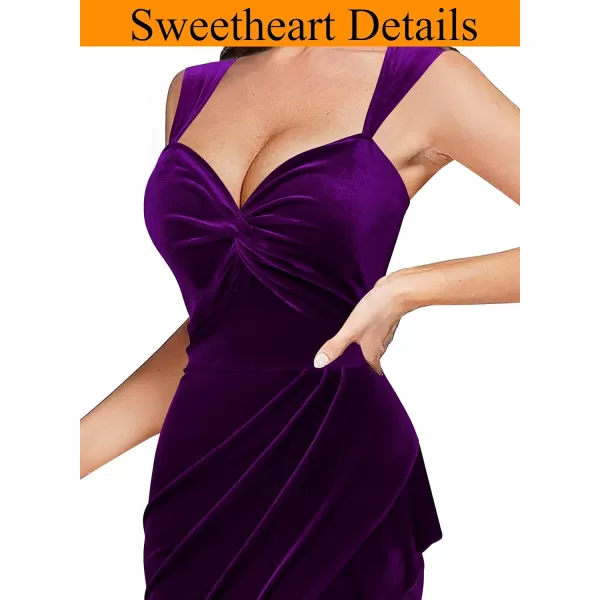 VFSHOW Womens Glitter Sweetheart V Neck Twist Front Backless Ruched Ruffle Slit Formal Evening Gown Maxi DressDark Purple Velvet