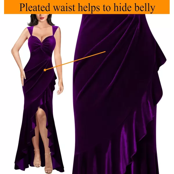 VFSHOW Womens Glitter Sweetheart V Neck Twist Front Backless Ruched Ruffle Slit Formal Evening Gown Maxi DressDark Purple Velvet