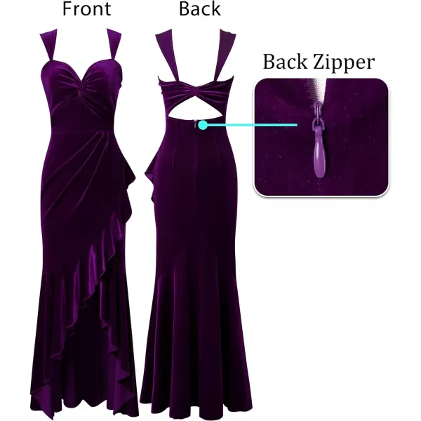 VFSHOW Womens Glitter Sweetheart V Neck Twist Front Backless Ruched Ruffle Slit Formal Evening Gown Maxi DressDark Purple Velvet