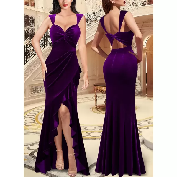 VFSHOW Womens Glitter Sweetheart V Neck Twist Front Backless Ruched Ruffle Slit Formal Evening Gown Maxi DressDark Purple Velvet