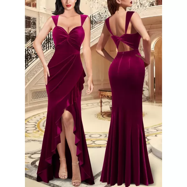 VFSHOW Womens Glitter Sweetheart V Neck Twist Front Backless Ruched Ruffle Slit Formal Evening Gown Maxi DressFuchsia Velvet