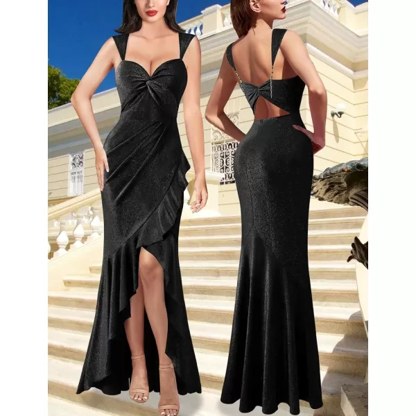 VFSHOW Womens Glitter Sweetheart V Neck Twist Front Backless Ruched Ruffle Slit Formal Evening Gown Maxi DressShiny Black