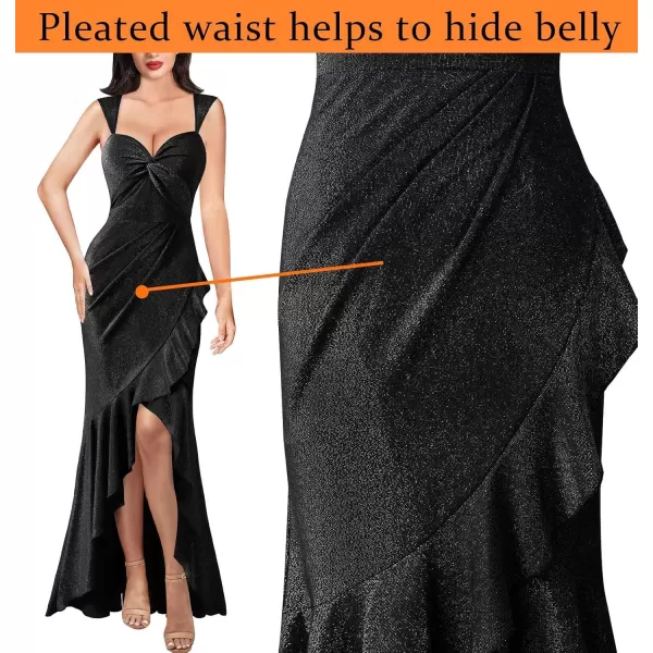 VFSHOW Womens Glitter Sweetheart V Neck Twist Front Backless Ruched Ruffle Slit Formal Evening Gown Maxi DressShiny Black