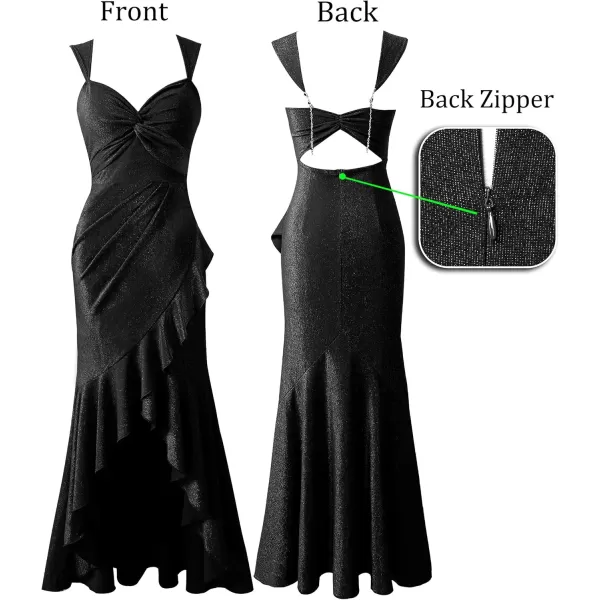 VFSHOW Womens Glitter Sweetheart V Neck Twist Front Backless Ruched Ruffle Slit Formal Evening Gown Maxi DressShiny Black