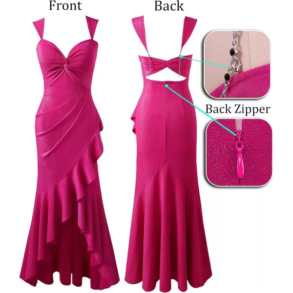 VFSHOW Womens Glitter Sweetheart V Neck Twist Front Backless Ruched Ruffle Slit Formal Evening Gown Maxi DressShiny Hot Pink