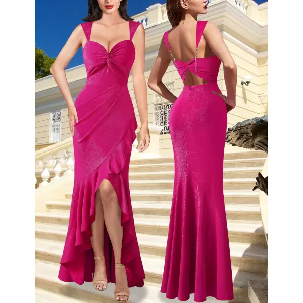 VFSHOW Womens Glitter Sweetheart V Neck Twist Front Backless Ruched Ruffle Slit Formal Evening Gown Maxi DressShiny Hot Pink