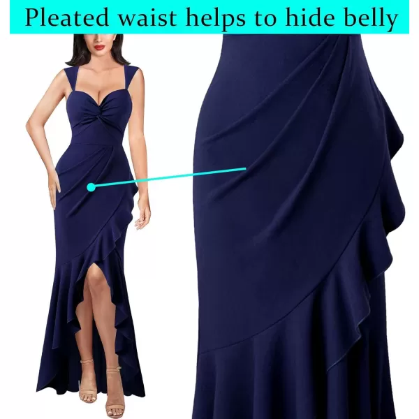 VFSHOW Womens Glitter Sweetheart V Neck Twist Front Backless Ruched Ruffle Slit Formal Evening Gown Maxi DressSolid Navy Blue