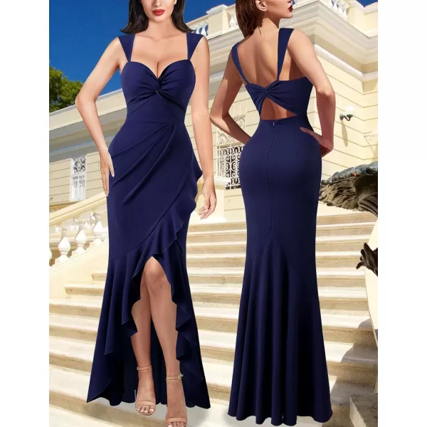 VFSHOW Womens Glitter Sweetheart V Neck Twist Front Backless Ruched Ruffle Slit Formal Evening Gown Maxi DressSolid Navy Blue