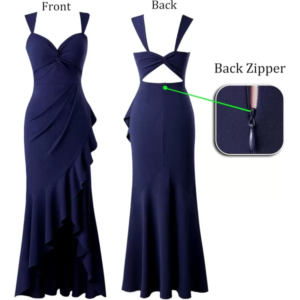 VFSHOW Womens Glitter Sweetheart V Neck Twist Front Backless Ruched Ruffle Slit Formal Evening Gown Maxi DressSolid Navy Blue